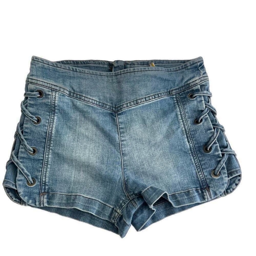 Free People Blue Jean Shorts Distressed Cut-Off side knot shorts